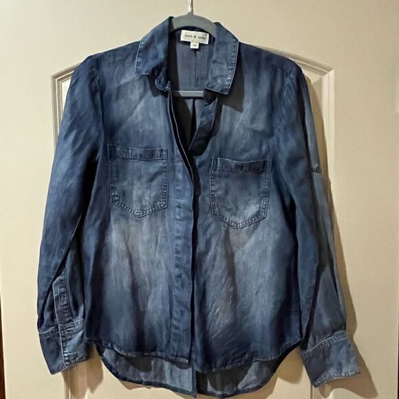 ANTHROPOLOGIE CLOTH & STONE Split Back Chambray Shirt Blue Dark Wash XS - Picture 1 of 7